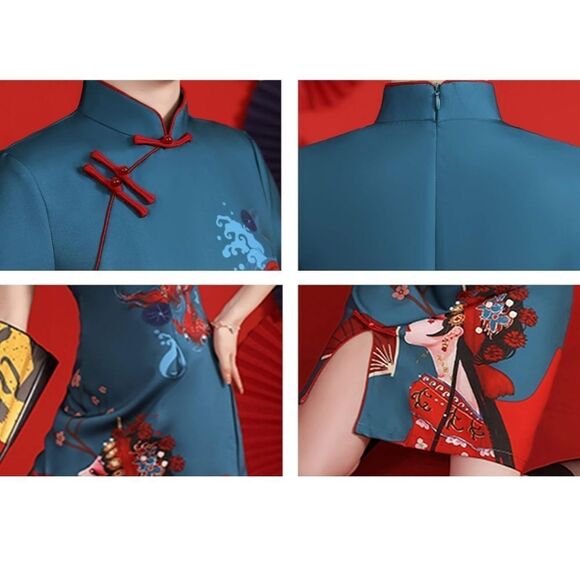 Elegant Blue Dragon Print Mini Dress - Picture 9 of 13